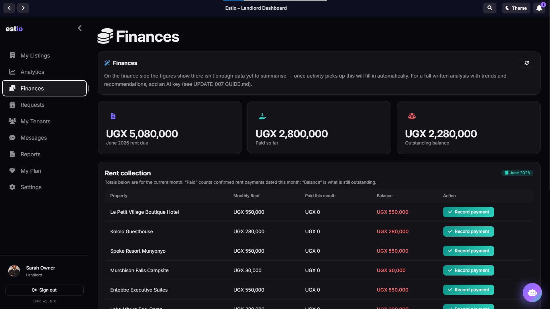 Landlord finances dashboard