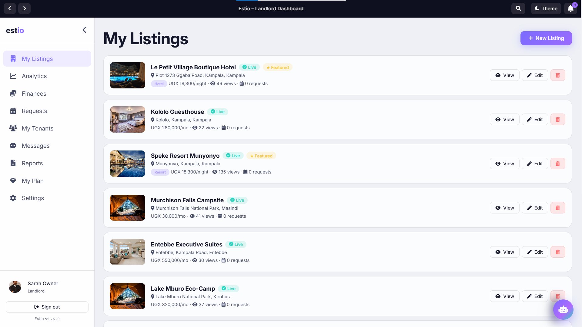 My Listings dashboard